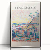 Art deco poster featuring a minimalist cityscape in muted pastel shades on a rolled canvas.