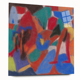 Large abstract wall art in muted gray and blue tones on rolled canvas, ideal for modern bedroom or dining room ambiance.