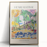 Mid-century modernist art deco poster featuring geometric shapes in muted blue and beige tones on canvas.