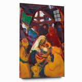 Large abstract wall art in vibrant orange and blue tones on canvas, suitable for bedroom or dining room decor.