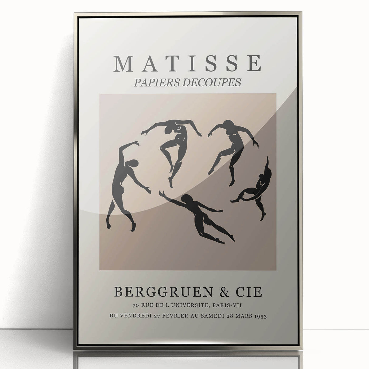 Art deco poster featuring geometric shapes in muted gold and teal tones, printed on framed canvas.