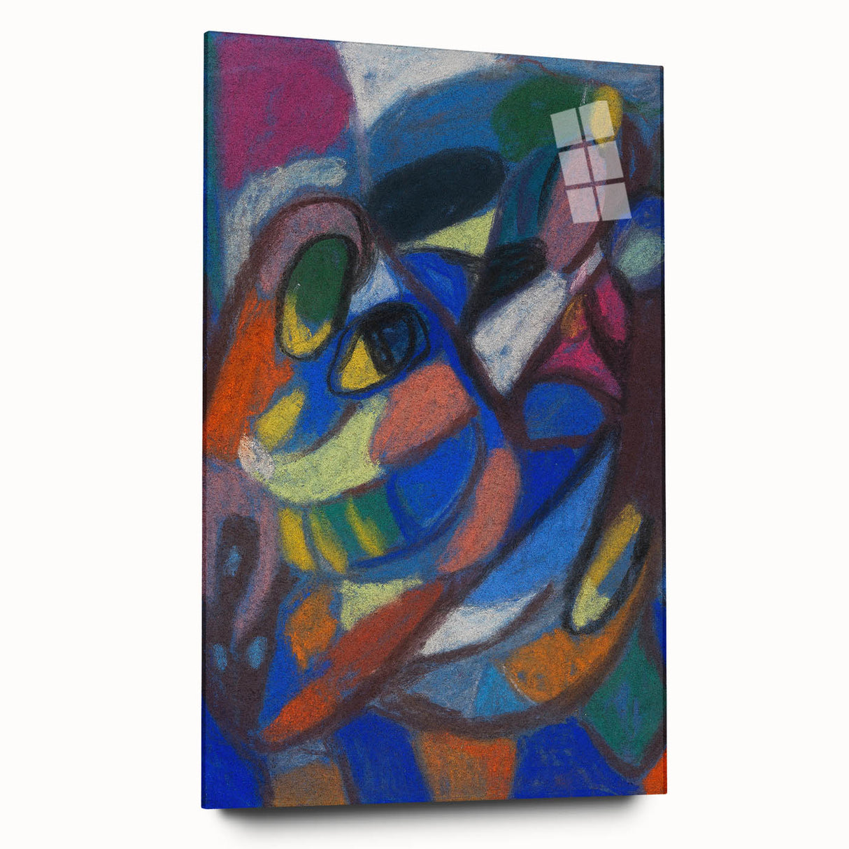 Large abstract wall art in vibrant blue and orange tones on canvas, ideal for modern bedroom or dining room decor.