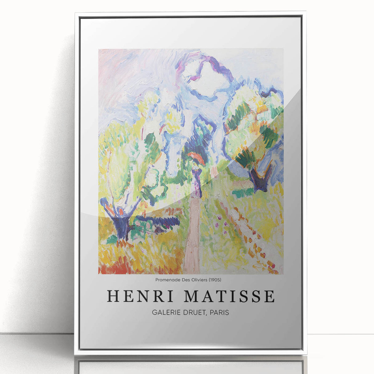 Large art print of a mid-century modernist abstract design in neutral and blue tones on canvas.