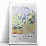 Large art print of a mid-century modernist abstract design in neutral and blue tones on canvas.