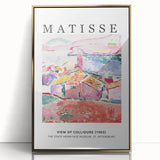 Mid-century modernist art print featuring geometric shapes in muted blue and orange tones on canvas.