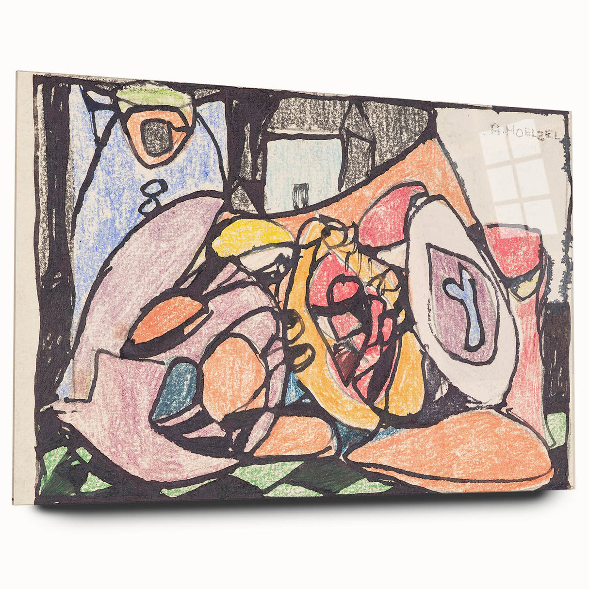 Large abstract wall art in muted gray and blue tones on canvas, ideal for modern bedroom or dining room ambiance.
