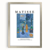 Abstract art print featuring swirling blue and grey tones on canvas, suitable for modern bedroom or dining room decor.