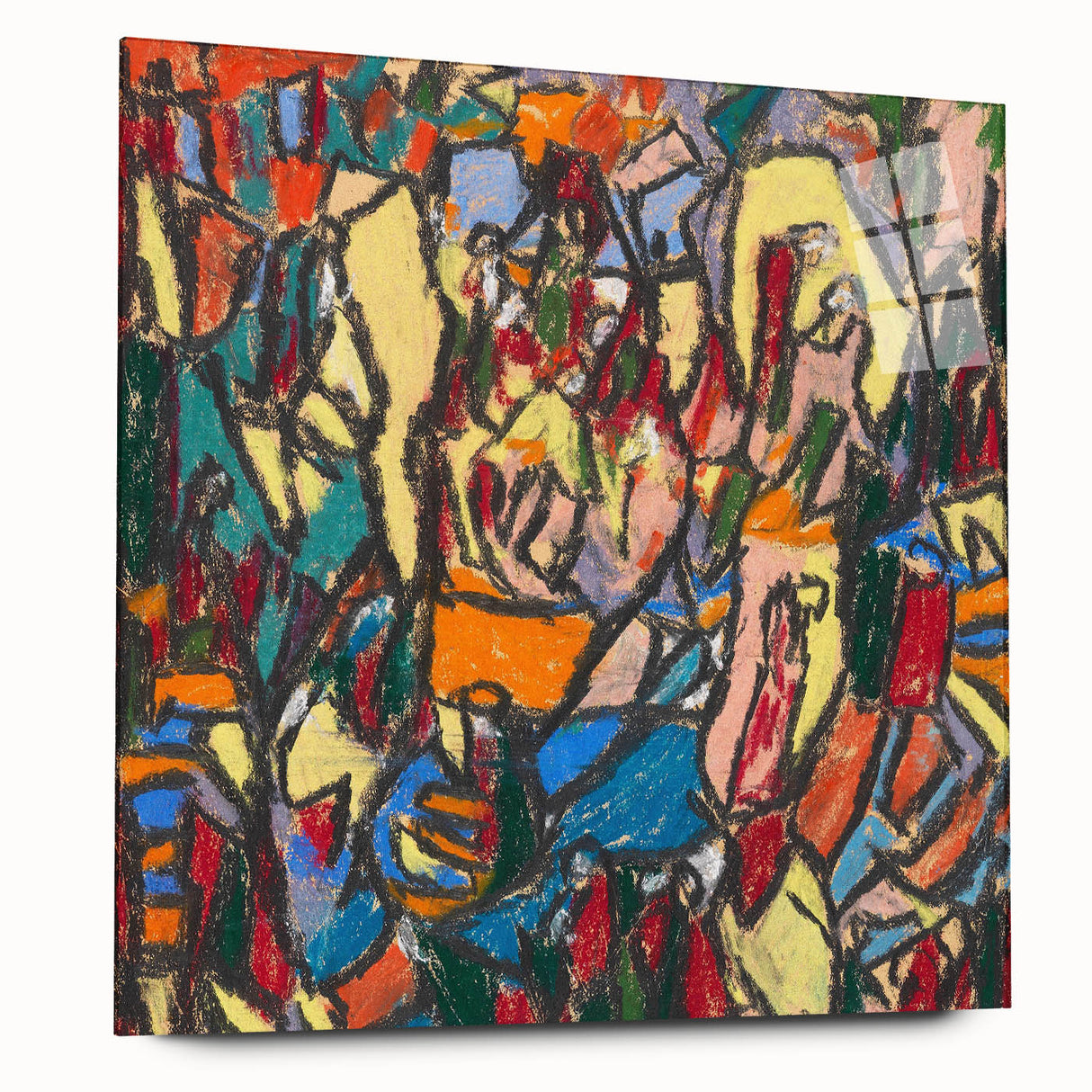 Large abstract wall art featuring swirling blue and gray tones on canvas, suitable for bedroom or dining room decor.