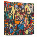 Large abstract wall art featuring swirling blue and gray tones on canvas, suitable for bedroom or dining room decor.