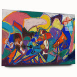 Large abstract wall art featuring swirling blue and gray tones on canvas, ideal for modern bedroom or dining room ambiance.