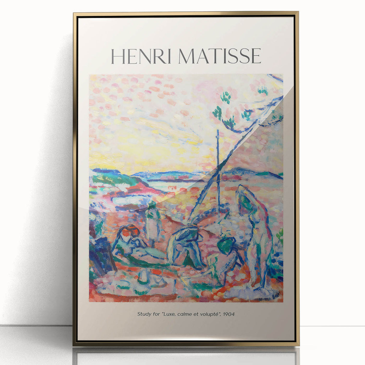 Mid-century modernist art poster featuring geometric shapes in muted pastels, printed on canvas.