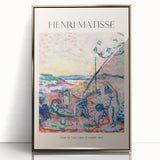 Mid-century modernist art poster featuring geometric shapes in muted pastels, printed on canvas.