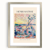 Abstract art print featuring swirling blue and gold patterns on canvas, suitable for modern dining or bedroom decor.