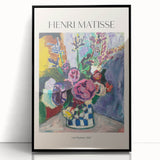 Large abstract wall art in mid-century modernist style featuring swirling blue and orange tones on canvas.