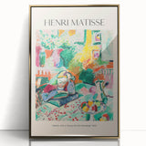 Mid-century modernist art deco poster featuring geometric shapes in muted orange and blue tones on canvas.