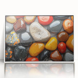 Art deco poster featuring a serene lake landscape in muted green and blue tones on canvas.