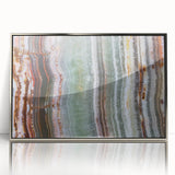 Mid-century modernist art depicting a serene forest scene in muted green and brown tones, ideal for nursery wall decor.