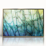 Large art print of a mid-century modernist landscape in muted earth tones on canvas.