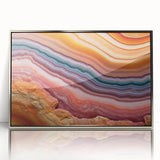 Mid-century modernist art featuring geometric shapes in pastel shades on a framed poster, suitable for nursery wall decor.