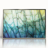 Mid-century modernist art depicting a serene forest in muted green and brown tones on canvas.