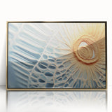 Large art print of a serene landscape in muted green and blue tones on canvas, in mid-century modernist style.