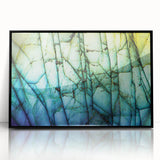 Large abstract wall art featuring swirling blue and green patterns on canvas, in a mid-century modernist style.
