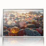 Art deco poster of a serene landscape in muted green and blue tones, printed on canvas, suitable for nursery wall art.