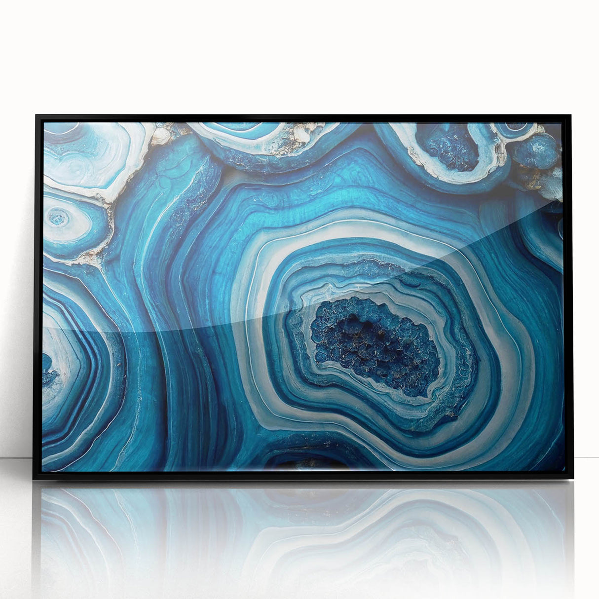 Large abstract wall art featuring swirling blue and green patterns on canvas, in mid-century modernist style.