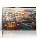 Mid-century modernist art depicting a serene landscape in muted green and blue tones, ideal for nursery wall decor.