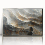 Mid-century modernist art poster featuring abstract geometric shapes in muted earth tones on canvas.