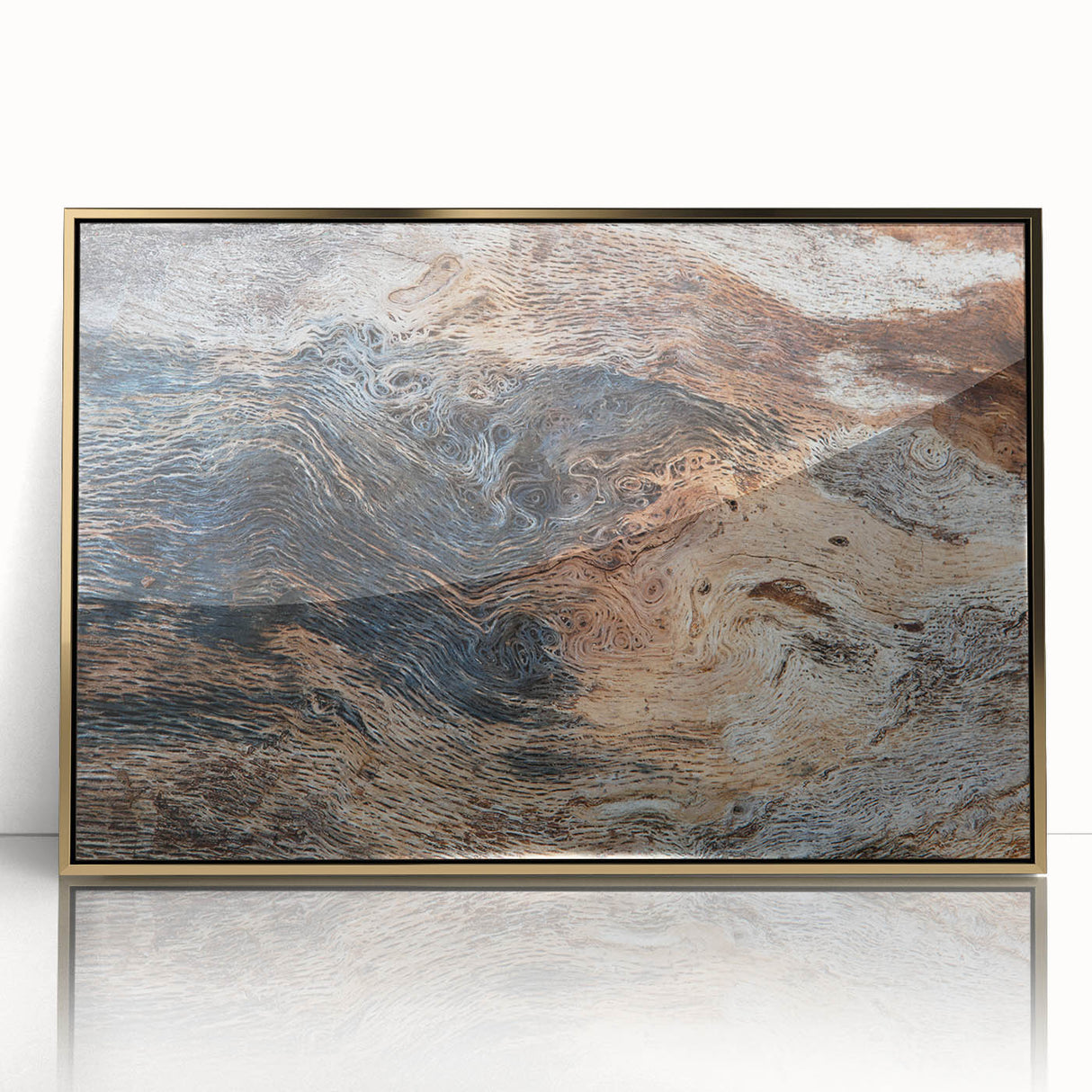 Large art print of a mid-century modernist forest scene in muted green and brown tones on canvas.