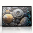 Large abstract wall art featuring swirling blue and gray tones on canvas, ideal for modern living room decor.