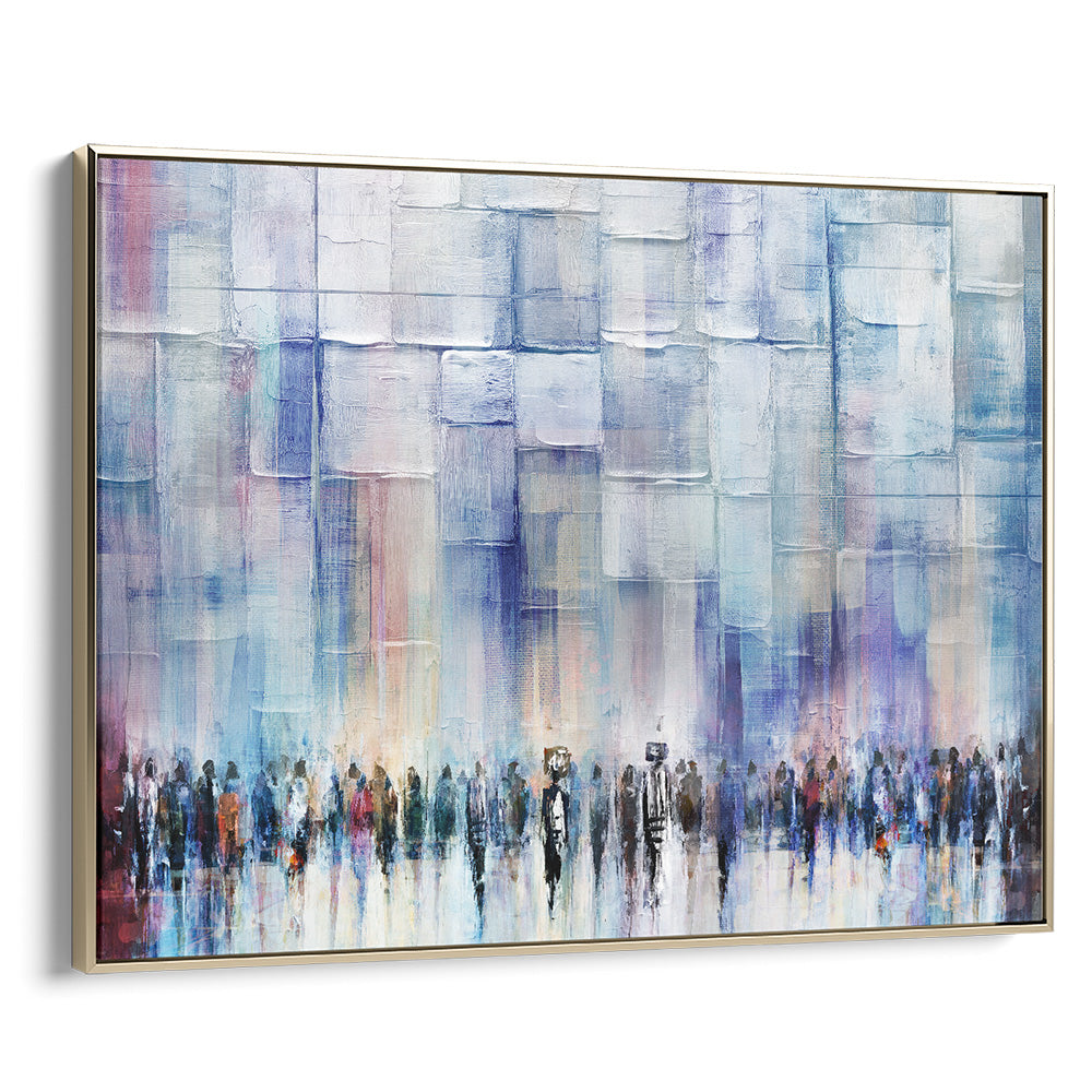 Light blue abstract Western Wall painting with figures, gold frame, Jewish-themed home decor by Avigdor Ben-Ari.