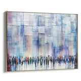 Light blue abstract Western Wall painting with figures, gold frame, Jewish-themed home decor by Avigdor Ben-Ari.