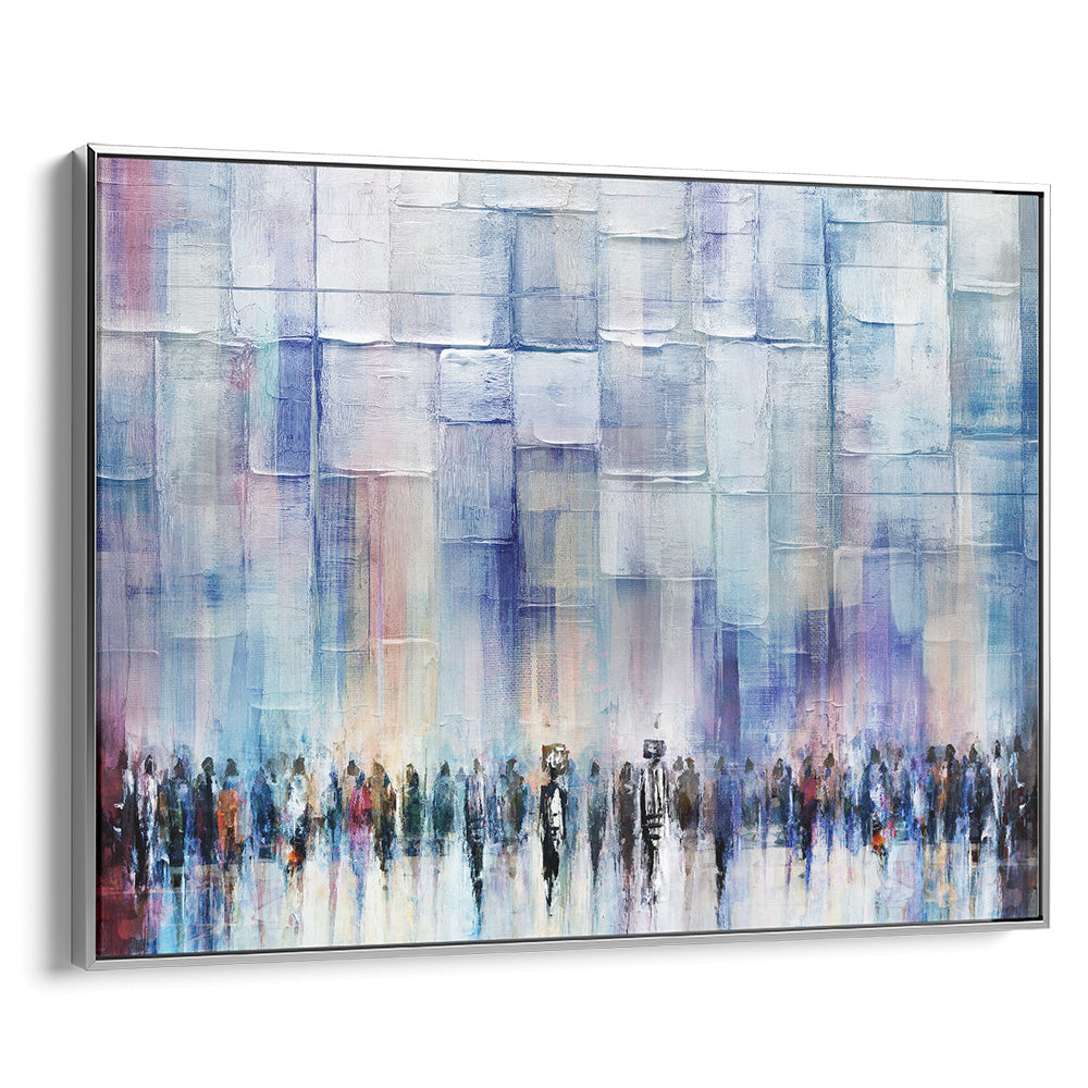 Light blue Western Wall art by Avigdor Ben-Ari, reflecting contemporary Jewish decor in a silver frame.