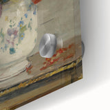 Large abstract wall art in mid-century modernist style with vibrant orange and blue tones on canvas.