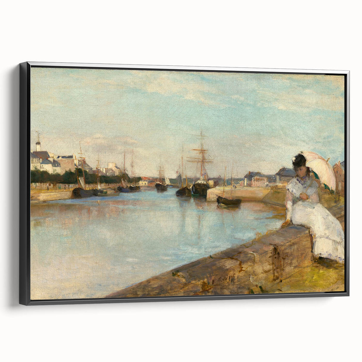 Black and white vintage poster art of a serene landscape, printed on rolled canvas, suitable for bedroom decor.