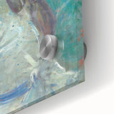 Large abstract wall art in vibrant orange and blue tones on canvas, ideal for dining room ambiance.