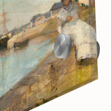 Large abstract wall art in mid-century modernist style, featuring bold orange and blue tones on canvas.