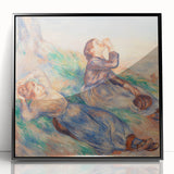 Large abstract wall art featuring swirling blue and gold patterns on canvas, suited for modern living room decor.