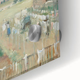 Large abstract wall art in mid-century modernist style, featuring swirls of blue and gray, ideal for dining room ambiance.