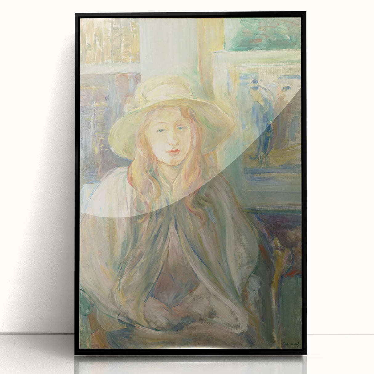 Large abstract wall art on canvas featuring swirling blue and gray tones, ideal for modern living room decor.