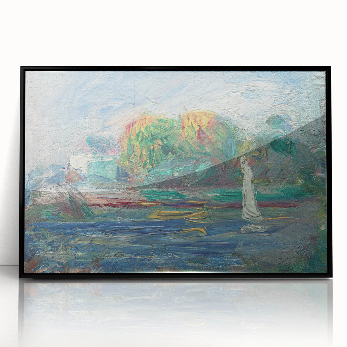 Large abstract wall art in muted earth tones on canvas, featuring mid-century modernist design.