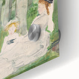 Large abstract wall art in mid-century modernist style with vibrant orange and blue tones on canvas.