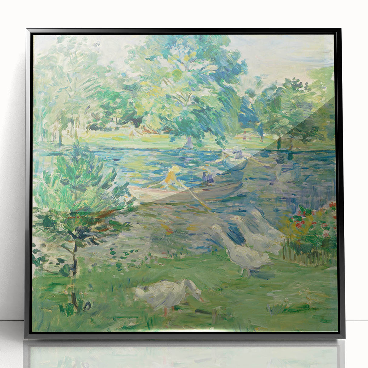 Large abstract wall art featuring swirling blue and gold patterns on canvas, suitable for modern living room decor.