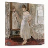 Large abstract wall art featuring swirling blue and gray tones on canvas, suitable for bedroom or dining room decor.