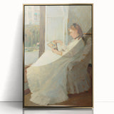 Large art print of a mid-century modernist abstract design in vibrant hues on canvas, suitable for modern art wall decor.