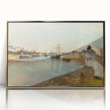 Large art print of a mid-century modernist style abstract cityscape in muted gray and blue tones on canvas.