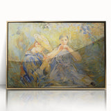 Large art print of a mid-century modernist abstract design in muted colors on canvas, suitable for modern nursery wall decor.