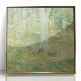 Large art print of a mid-century modernist abstract design in muted blue and orange tones on canvas.